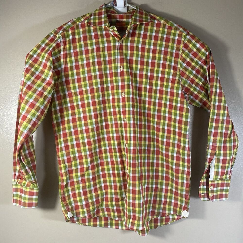 BRULI Shirt Mens  Large Check Plaid Red Green Button Front   Swiss Made